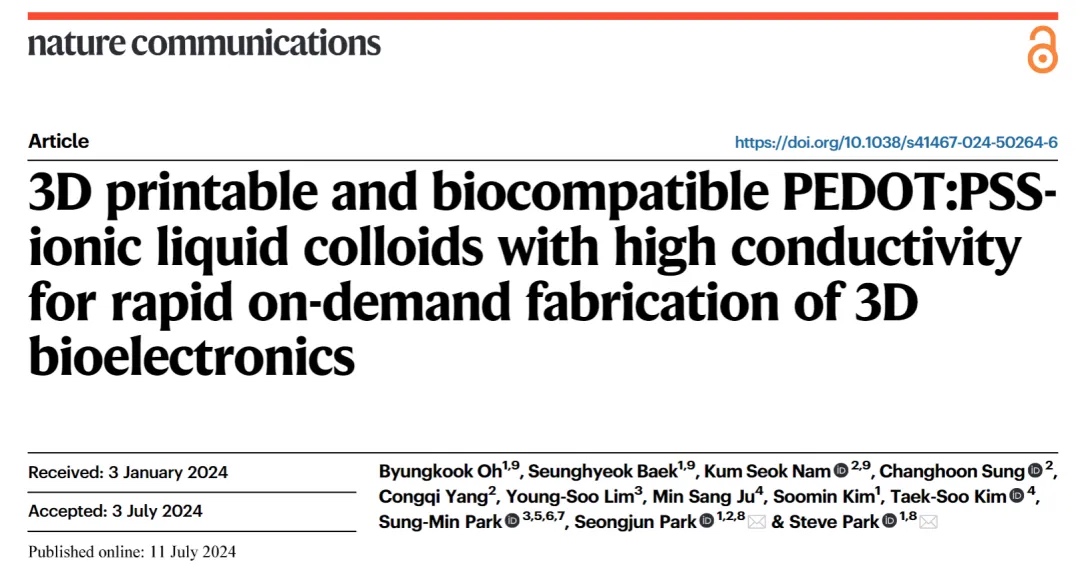 PSS 离子液体胶体的3D打印及其在生物电子器件中的应用
