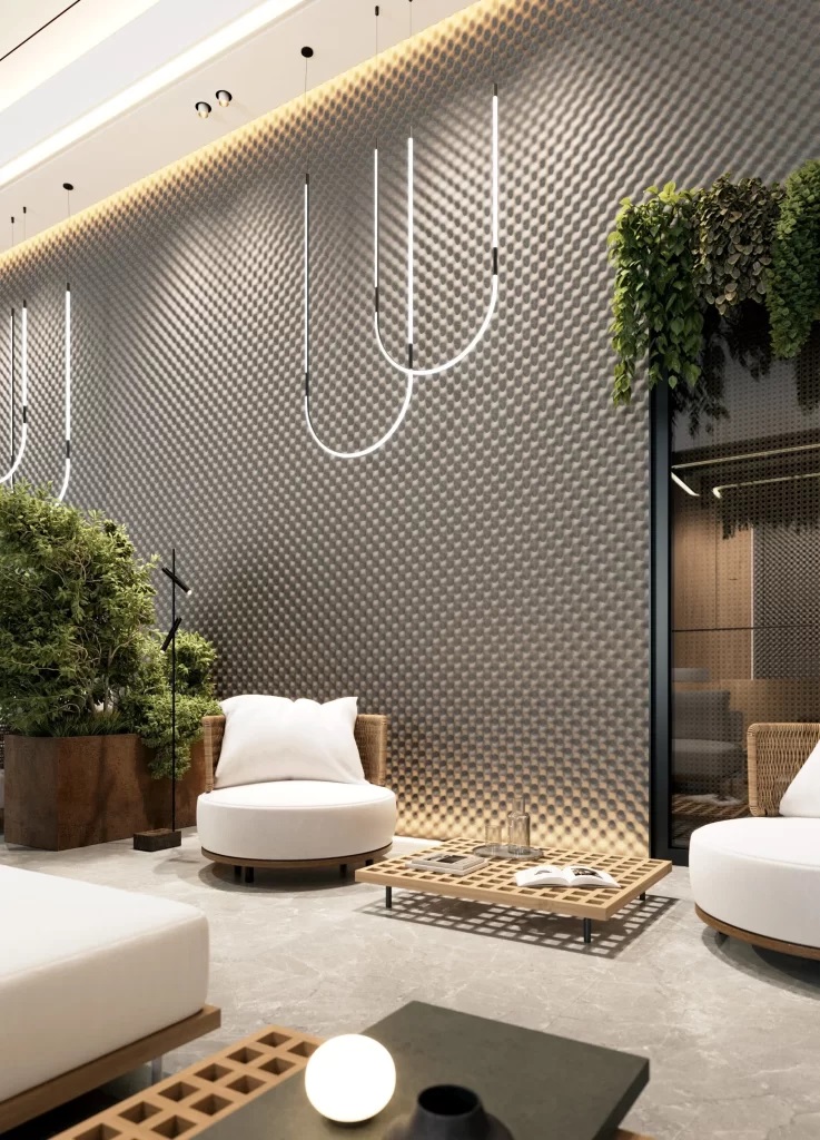 带有纹理的建筑表面，集成了照明设计