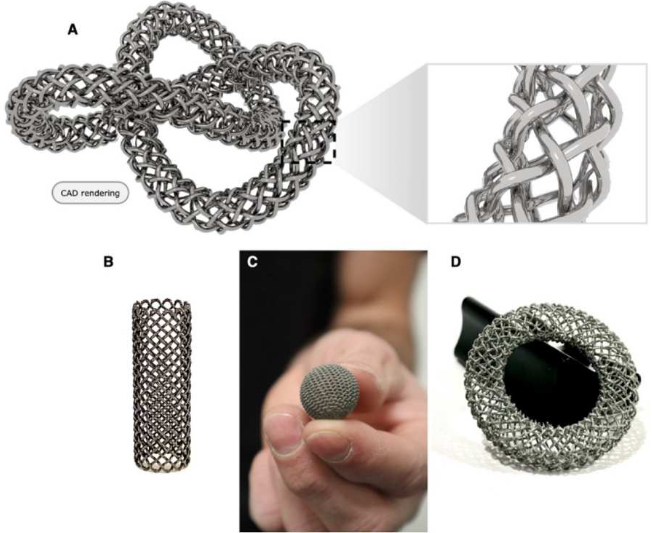 复杂形状的编织镍钛诺结构设计及原型：（a）三叶结 CAD 模型渲染图，（b）打印管状编织网原型，（c）打印编织球原型，（d）打印编织环原型。原型横截面直径 = 400 μm