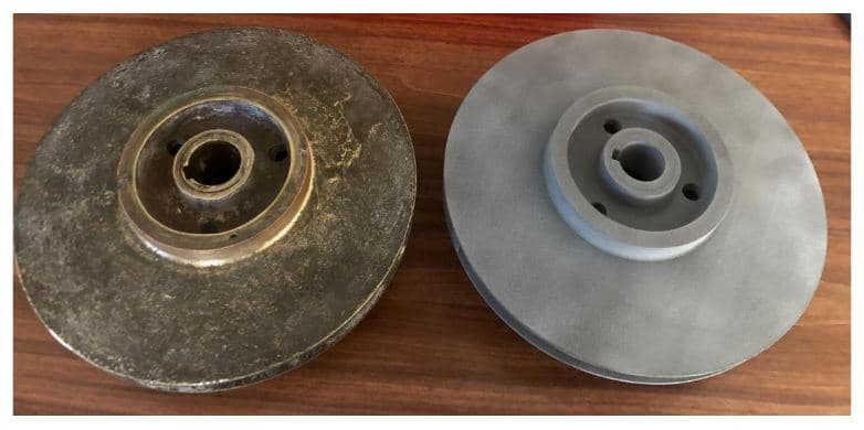 原始叶轮零件(左),旁边是3D打印版本(右) 原始叶轮零件(左),旁边是3D打印版本(右)