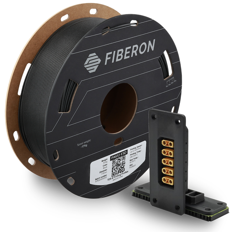 FiberonPA612-ESD 线材卷轴，旁边是一个 3D 打印的防静电夹具