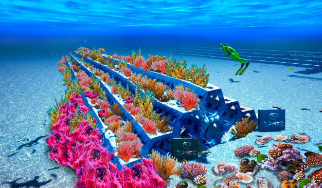 渲染图：DARPA REEFENSE 3DCP X-REEFS SEAHIVE®，由University of Miami和1Print合作的DARPA项目，用于混合礁石防波堤和珊瑚生长