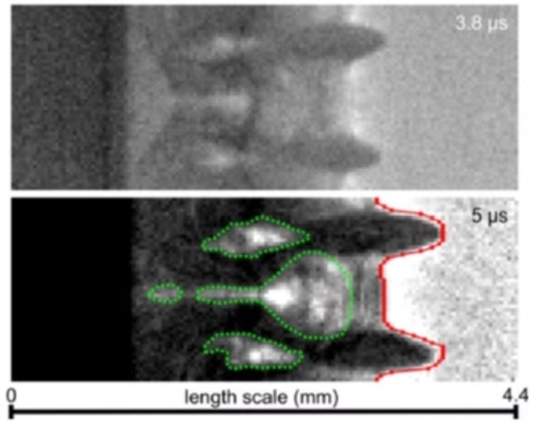 绿色虚线突出显示空隙结构，而红色线条显示跟踪界面